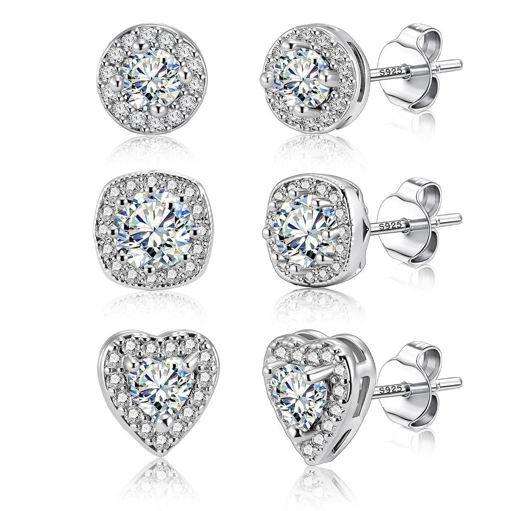 Sterling Silver Halo Stud Earrings for Women Cubic Zirconia Round